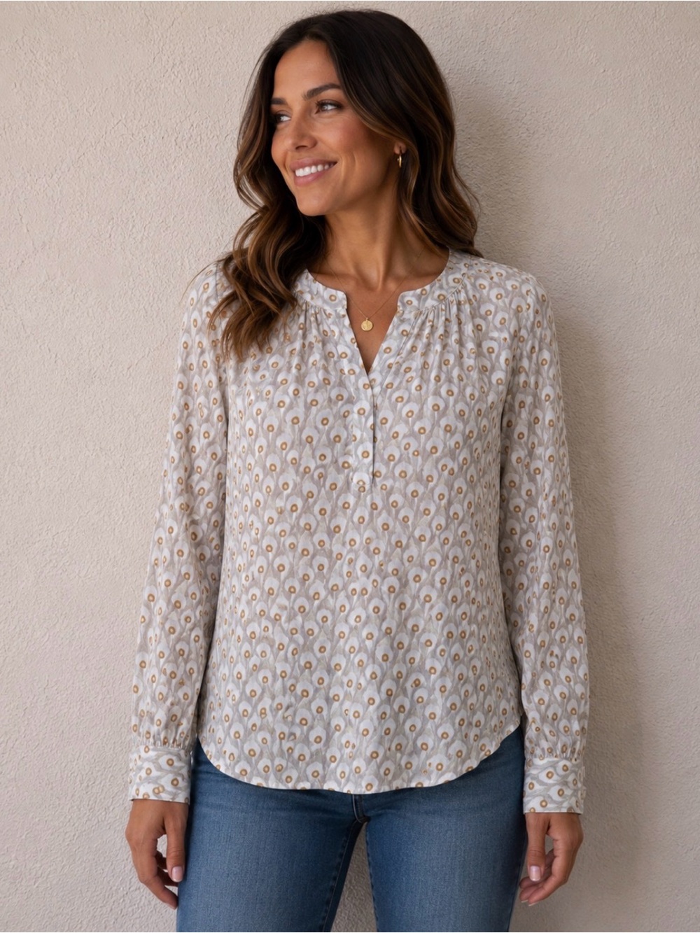 LOFT White Mustard Print Peasant Blouse Boho Long Sleeve Top